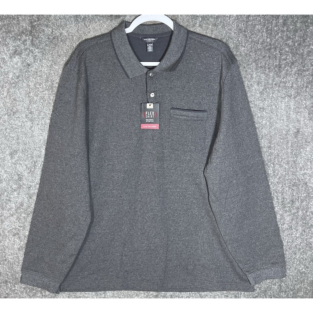 Van‎ Heusen Flex Classic Fit Polo Shirt Mens XL Gray Natural Stretch Pocket New